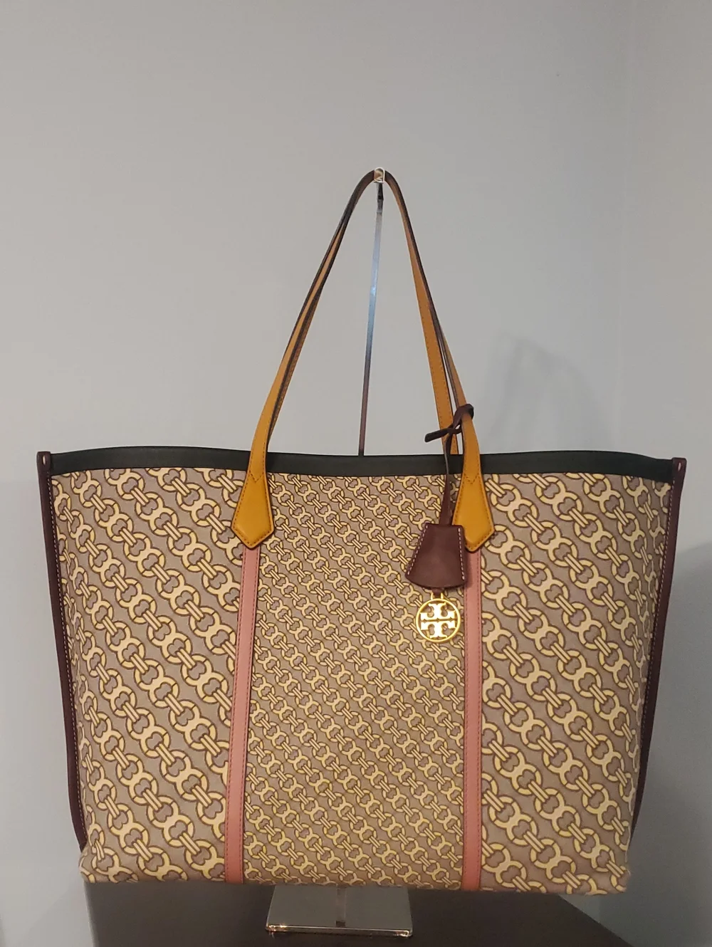 Tory Burch Beige Patterned Canvas Tote with Yellow Straps